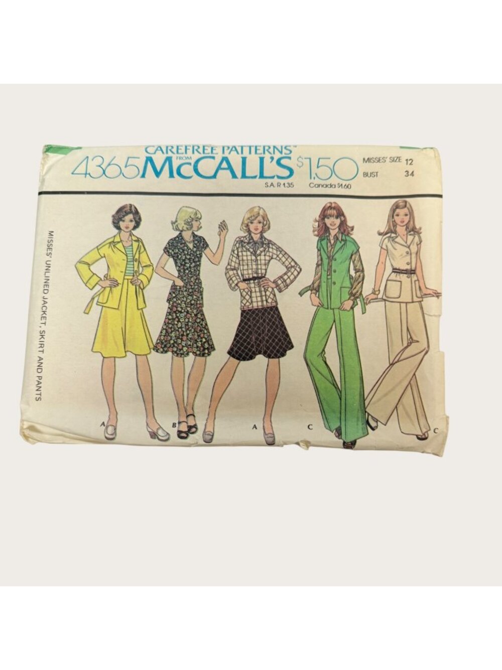 Vintage 1970s McCalls Sewing Pattern 4365 Misses Jacket Skirt Pants Size 12